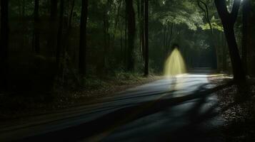 un persona caminando abajo un oscuro la carretera en el bosque generativo ai foto