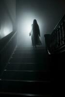 a person walking down the stairs in a dark room generative ai photo