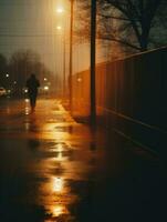 un persona caminando abajo un mojado calle a noche generativo ai foto