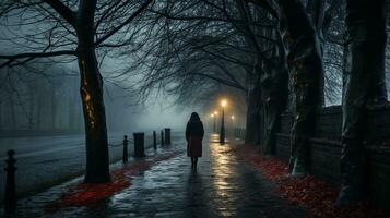 un persona caminando abajo un camino en el lluvia a noche generativo ai foto