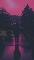 a person walking in the rain under a pink sky generative ai photo