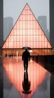 a person walking in front of a building with an umbrella generative ai photo