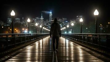 a person walking on a bridge at night with a city in the background generative ai photo