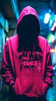 a person wearing a pink hoodie with graffiti on it generative ai photo