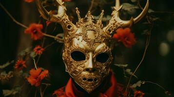 a person wearing a gold mask with antlers generative ai photo