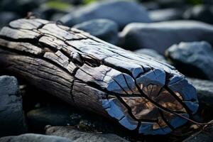 a piece of wood laying on top of some rocks generative ai photo