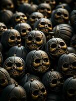 a pile of black and gold skull shaped ornaments generative ai photo