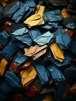 un pila de azul amarillo y naranja origami piezas generativo ai foto