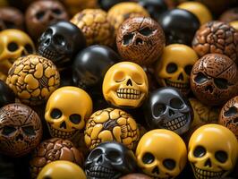 a pile of black yellow and brown skulls generative ai photo
