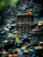 a pile of bricks with leaves on top of it generative ai photo