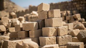 a pile of bricks in the desert with a blue sky in the background generative ai photo