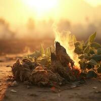 a pile of dried plants on the ground with a fire in the background generative ai photo