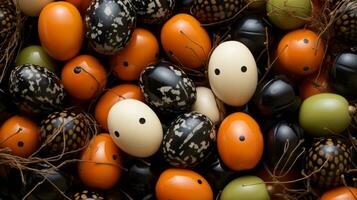 a pile of colorful eggs with black white and orange dots generative ai photo