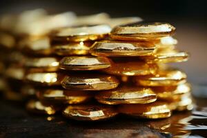 un pila de oro monedas sentado en parte superior de un de madera mesa generativo ai foto