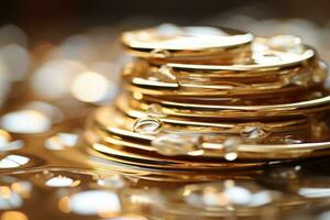 a pile of gold coins sitting on top of water droplets generative ai photo