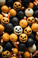 a pile of halloween candies with pumpkins and jack o lanterns generative ai photo