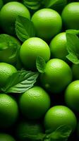 a pile of green limes with leaves generative ai photo