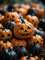 a pile of halloween pumpkins with black and orange decorations generative ai photo