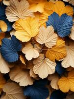 a pile of leaves with blue and yellow leaves generative ai photo