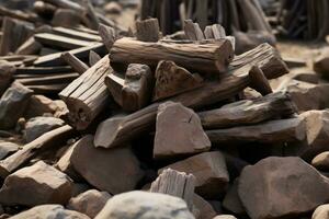 a pile of logs and rocks sitting on top of each other generative ai photo