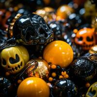 a pile of orange and black halloween ornaments generative ai photo