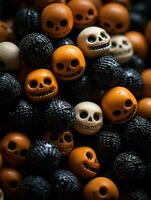 a pile of orange and black halloween candy skulls generative ai photo
