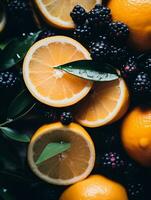 a pile of oranges blackberries and lemons generative ai photo