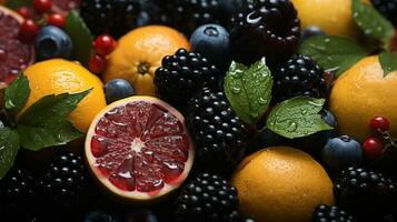 a pile of oranges lemons and berries generative ai photo