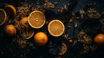 un pila de naranjas en un negro superficie generativo ai foto