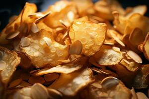 a pile of potato chips on a black surface generative ai photo