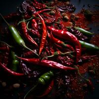 a pile of red and green chili peppers on a black background generative ai photo