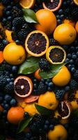 a pile of oranges blueberries and blackberries generative ai photo