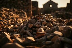 a pile of rocks and rubble in front of a building generative ai photo