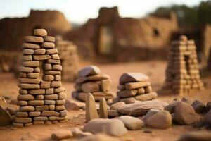 un pila de rocas en un Desierto zona con un edificio en el antecedentes generativo ai foto