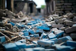a pile of rubble with blue tiles on the ground generative ai photo