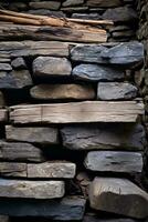 a pile of stones and wood in front of a stone wall generative ai photo