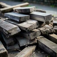 a pile of wooden planks sitting on the ground generative ai photo