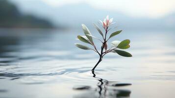 a plant growing out of the water in the middle of a lake generative ai photo