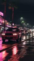 un rosado coche conducción abajo un mojado calle a noche generativo ai foto