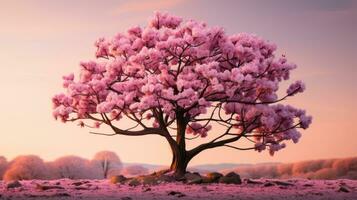 a pink tree in the middle of a field generative ai photo