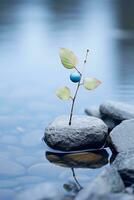 a plant is growing on a rock in the water generative ai photo