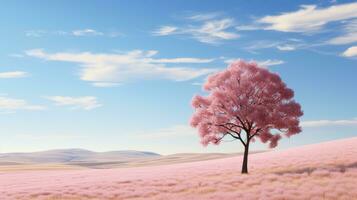 a pink tree stands alone in the middle of a field generative ai photo