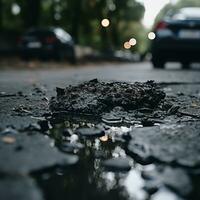 a pothole on the road with cars driving by generative ai photo