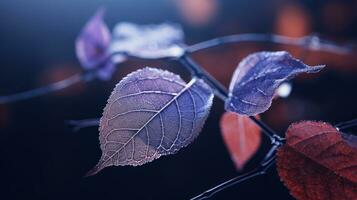 un púrpura y rojo hoja en un rama generativo ai foto