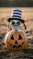 a pumpkin with a skull wearing a hat in the middle of a field generative ai photo