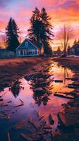 a puddle of water in front of a house at sunset generative ai photo