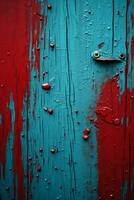 a red and blue painted wooden door with paint splattered on it generative ai photo