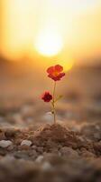 a red flower is growing out of the ground in front of the sun generative ai photo