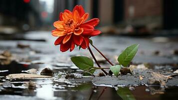 a red flower sits in the middle of a puddle generative ai photo