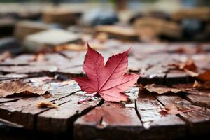 a red maple leaf sits on top of a wooden table generative ai photo